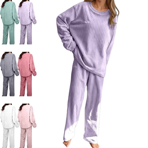 Cyglowse Women's Fleece Pajama Sets Fuzzy Long Sleeve 2 Piece Pullover and Pants Cozy Winter Warm Loungewear Pjs Set Purple One Size