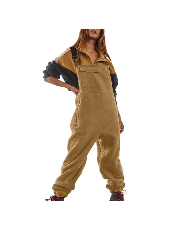 Women's Fleece Warm Overalls Winter Loose Casual Jumpsuits with Pockets Khaki 2XL