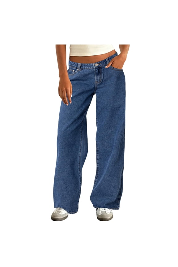 Cyglowse Women's Low Rise Baggy Jeans Boyfriend Straight Leg Loose Fit Stretchy Vintage Washed Denim Pants Casual Dark Blue S