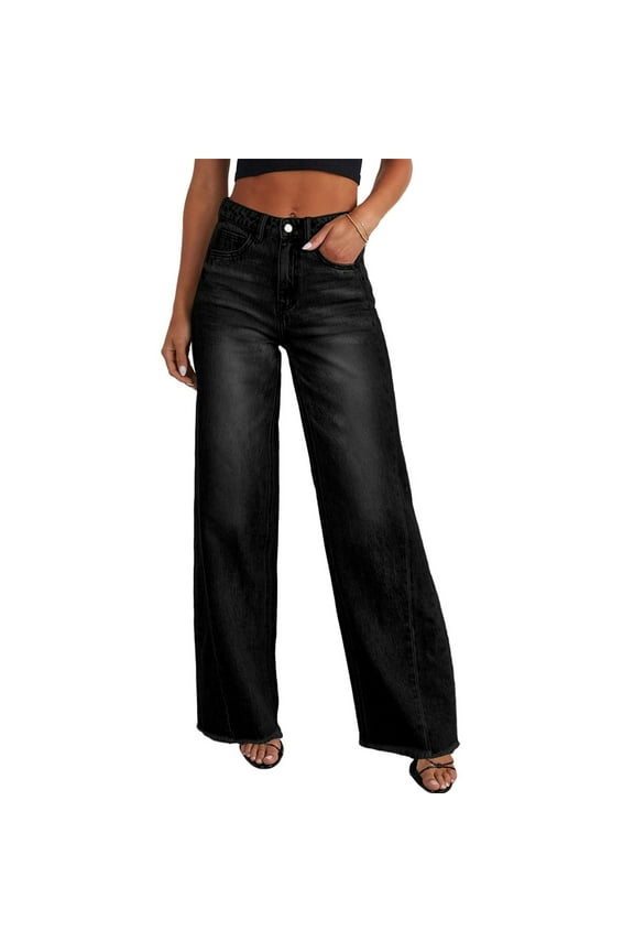 Cyglowse Women's Plus Size Wide Leg Jeans Elastic High Waist Stretchy Distressed Hem Denim Pants with Pockets Black S