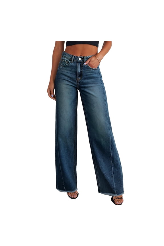 Cyglowse Women's Plus Size Wide Leg Jeans Elastic High Waist Stretchy Distressed Hem Denim Pants with Pockets Dark Blue 2XL