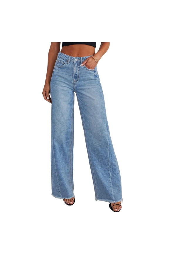 Cyglowse Women's Plus Size Wide Leg Jeans Elastic High Waist Stretchy Distressed Hem Denim Pants with Pockets Sky Blue 2XL