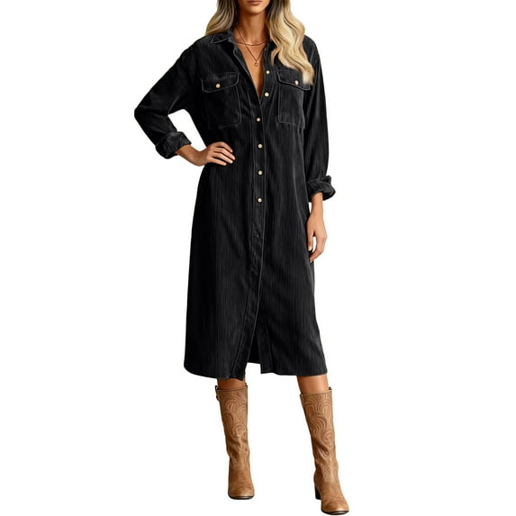 Cyglowse Women's Solid Corduroy Shirt Dress Long Sleeve V-Neck Button Loose Maxi Dress Black 2XL