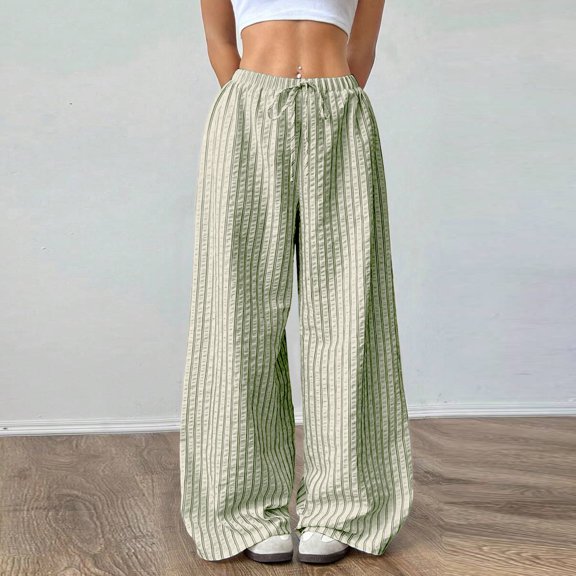 Cyglowse Women's Striped Wide Leg Casual Pants Oversized Drawstring Waist Baggy Trousers Green M