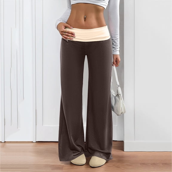 Cyglowse Women's Sweatpants Color Block Low Rise Fold Over Waist Baggy Wide Leg Pants Brown M