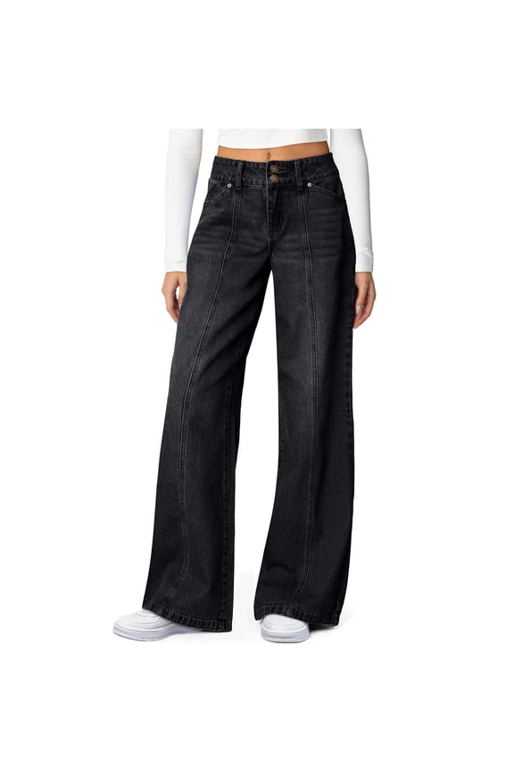 Women's Wide Leg Jeans High Waisted Stretchy Straight Leg Jeans Trendy Seamed Front Loose Denim Pants Black XL
