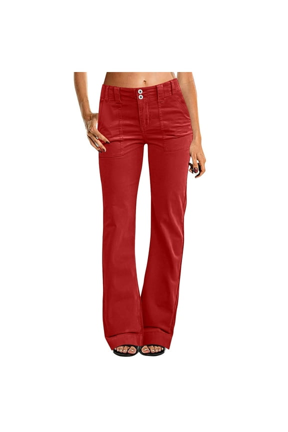 Women's Wide Leg Pants for Women Mid Waist Dress Flare Straight Leg Corduroy Pants Workout Jeans Trendy Red L