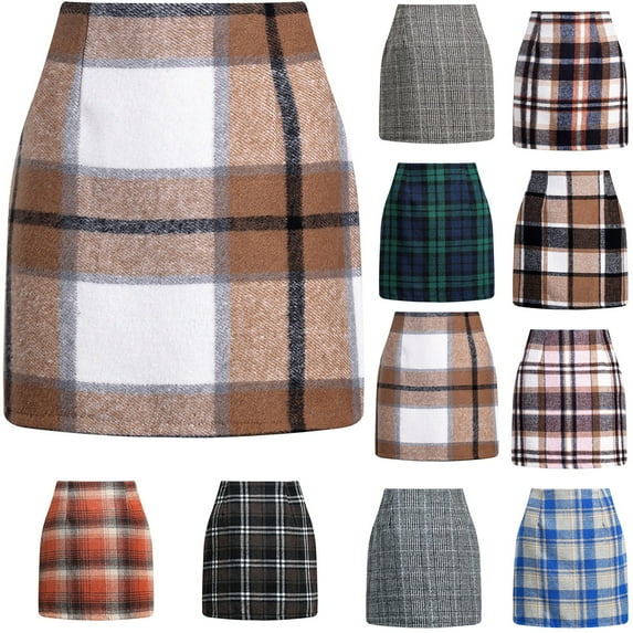 Cyglowse Women's Wool Plaid High Waist Skirt Bodycon Pencil Zipper Back Mini Skirts Navy L