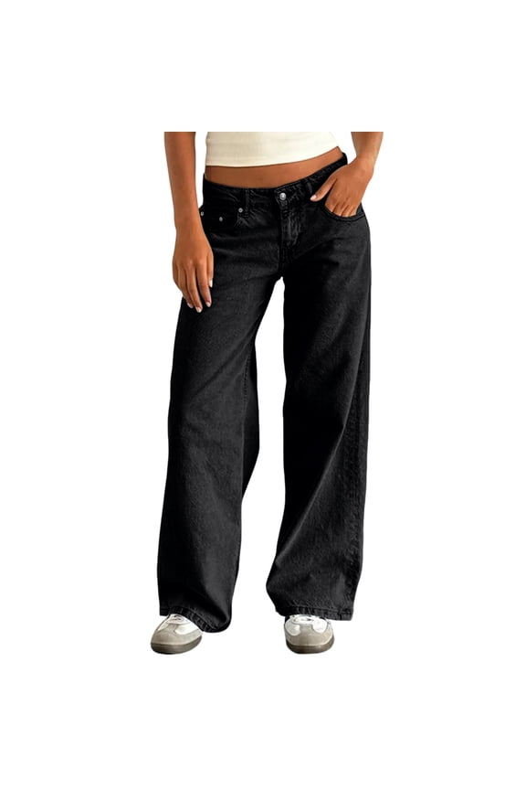 Cyglowse Women's Y2k Low Rise Baggy Jeans Washed Straight Wide Leg Denim Pants Casual Loose Vintage Fit Boyfriend Jean Denim Pants Black L
