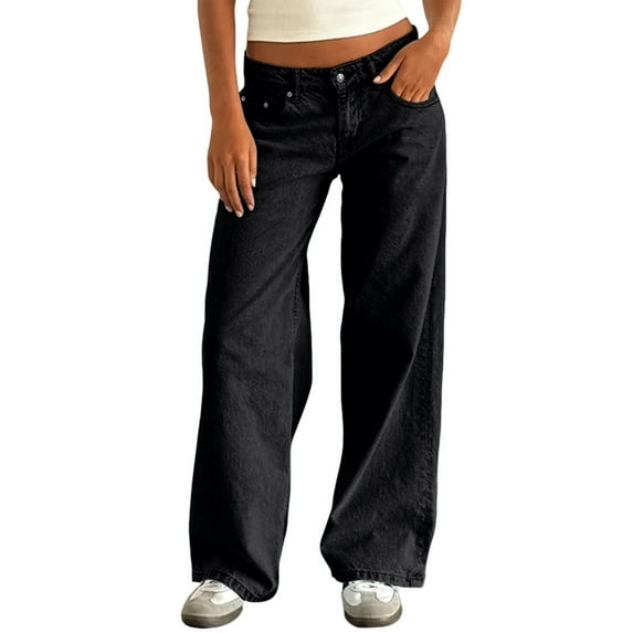 Cyglowse Women's Y2k Low Rise Baggy Jeans Washed Straight Wide Leg Denim Pants Casual Loose Vintage Fit Boyfriend Jean Denim Pants Black S