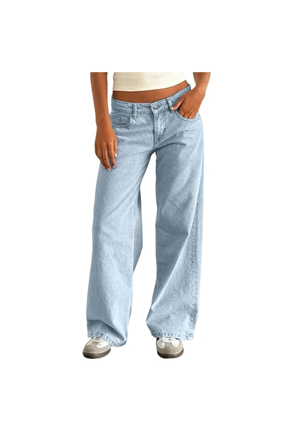Cyglowse Women's Y2k Low Rise Baggy Jeans Washed Straight Wide Leg Denim Pants Casual Loose Vintage Fit Boyfriend Jean Denim Pants Light Blue L