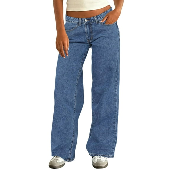 Cyglowse Women's Y2k Low Rise Baggy Jeans Washed Straight Wide Leg Denim Pants Casual Loose Vintage Fit Boyfriend Jean Denim Pants Navy L