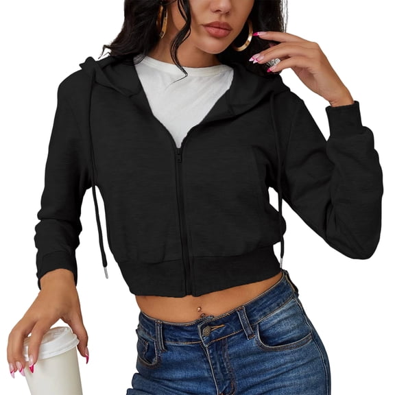 Cyglowse Women's Zip Up Hoodies Cropped Cardigan Jacket Drawstring Hooded Sweatshirts Casual Long Sleeve Top Black S