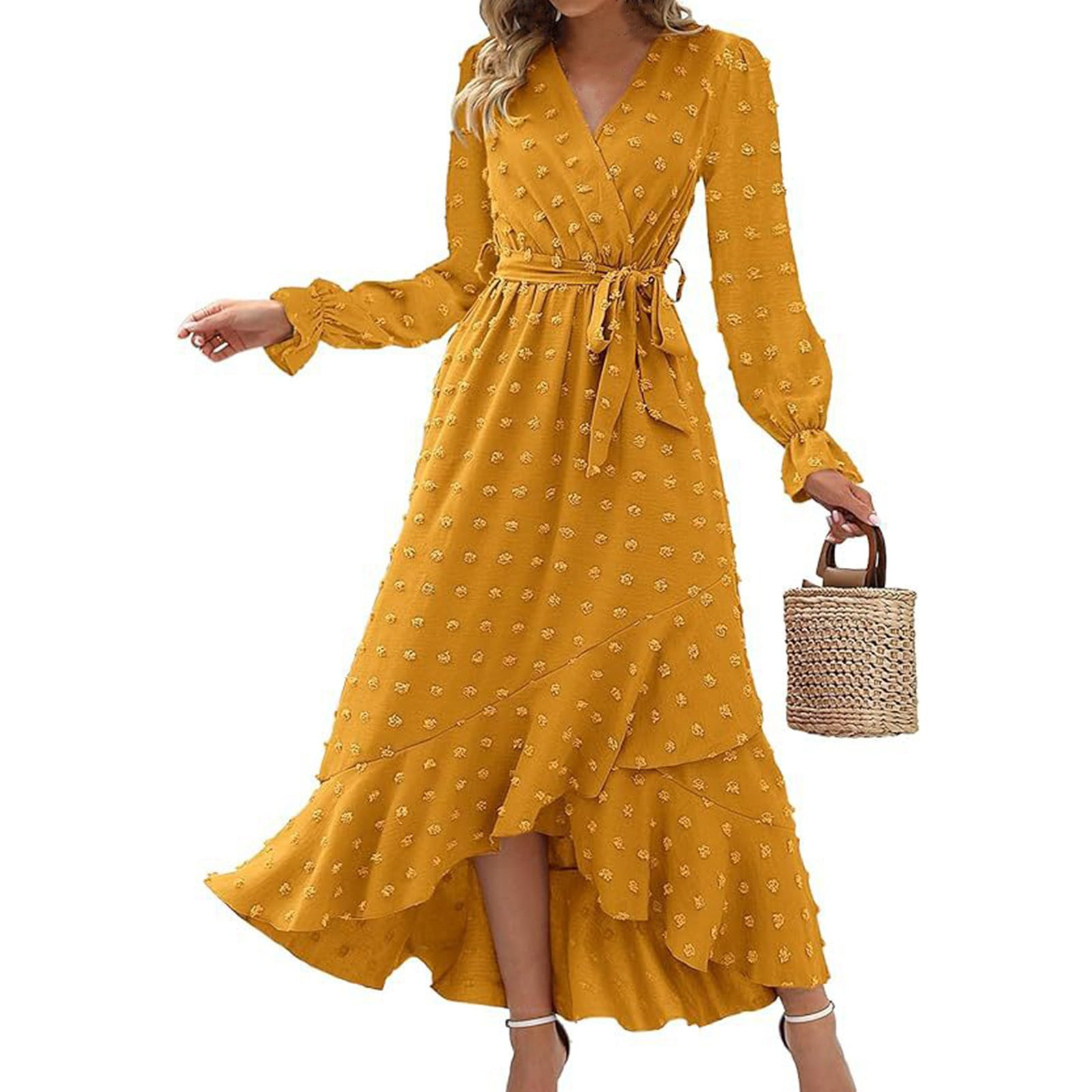 Women's Sweetheart Neckline Swiss Dot Maxi Dress - Smocked Empire Waist, Flutter Sleeves, Boho Summer Dress