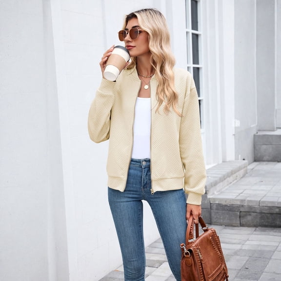 Cyglowse Womens Bomber Jacket Zip Up Textured Casual Lightweight Trendy Outerwear Coat Spring Winter Varsity Jackets Beige S