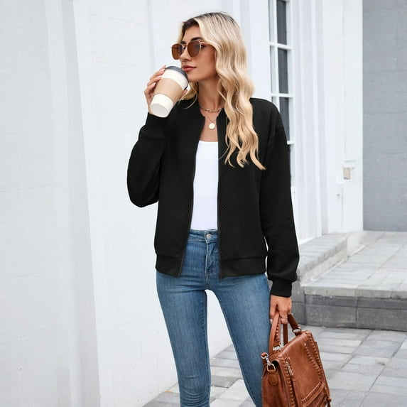 Cyglowse Womens Bomber Jacket Zip Up Textured Casual Lightweight Trendy Outerwear Coat Spring Winter Varsity Jackets Black M
