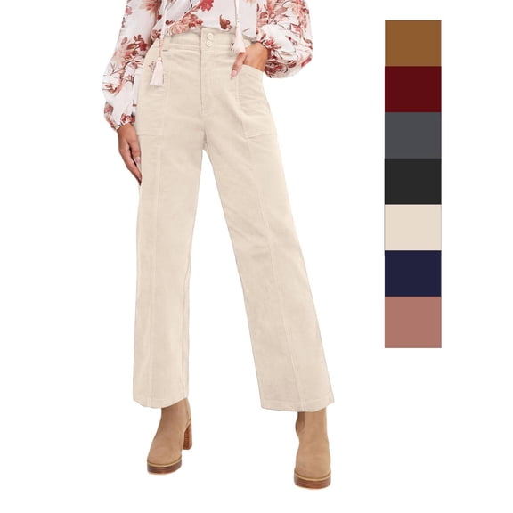 Cyglowse Womens Casual Winter Straight Leg Elastic Waist Corduroy Pants with Pockets Beige S