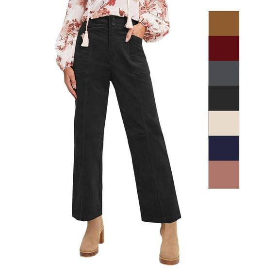 Cyglowse Womens Casual Winter Straight Leg Elastic Waist Corduroy Pants with Pockets Black XL