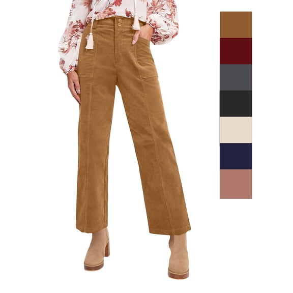 Cyglowse Womens Casual Winter Straight Leg Elastic Waist Corduroy Pants with Pockets Brown M