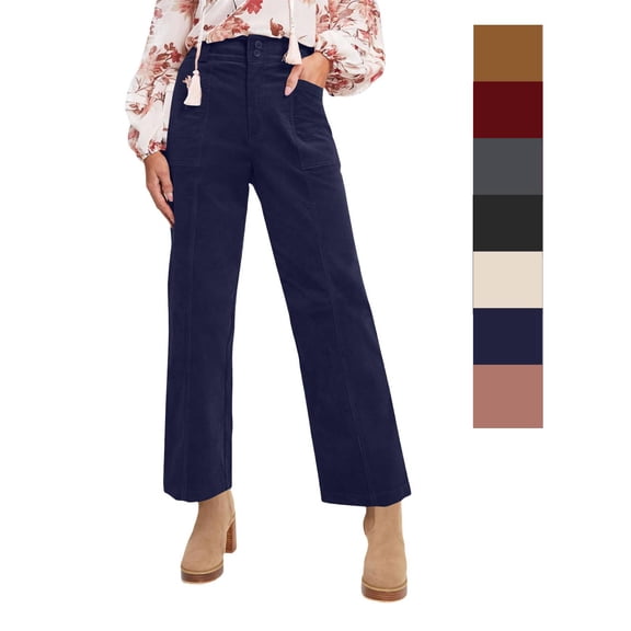Cyglowse Womens Casual Winter Straight Leg Elastic Waist Corduroy Pants with Pockets Navy M