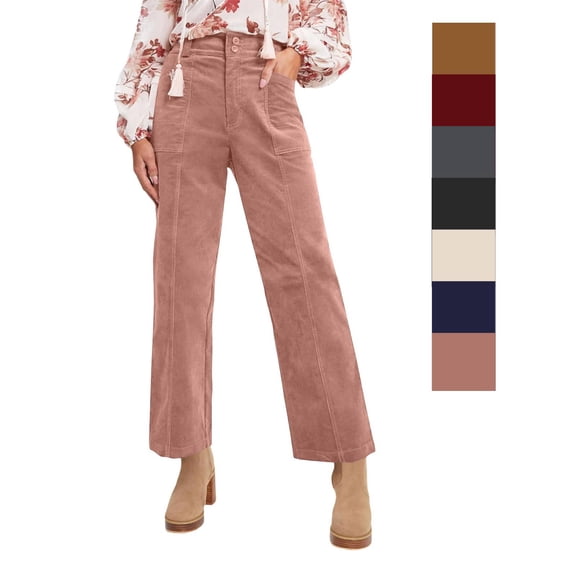 Cyglowse Womens Casual Winter Straight Leg Elastic Waist Corduroy Pants with Pockets Pink M