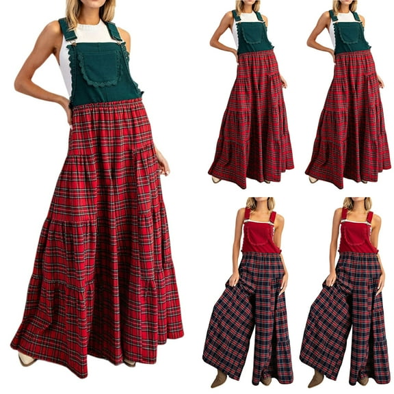 Cyglowse Womens Christmas Plaid Bibs Overalls Casual Loose Sleeveless Adjustable Straps Patchwork Wide Leg Pants Jumpsuit Green L