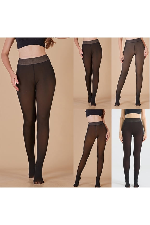 Womens Fleece Lined Warm Winter Tights Fake Translucent Thermal Pantyhose High Waist Skin Colored Thick Leggings Black M