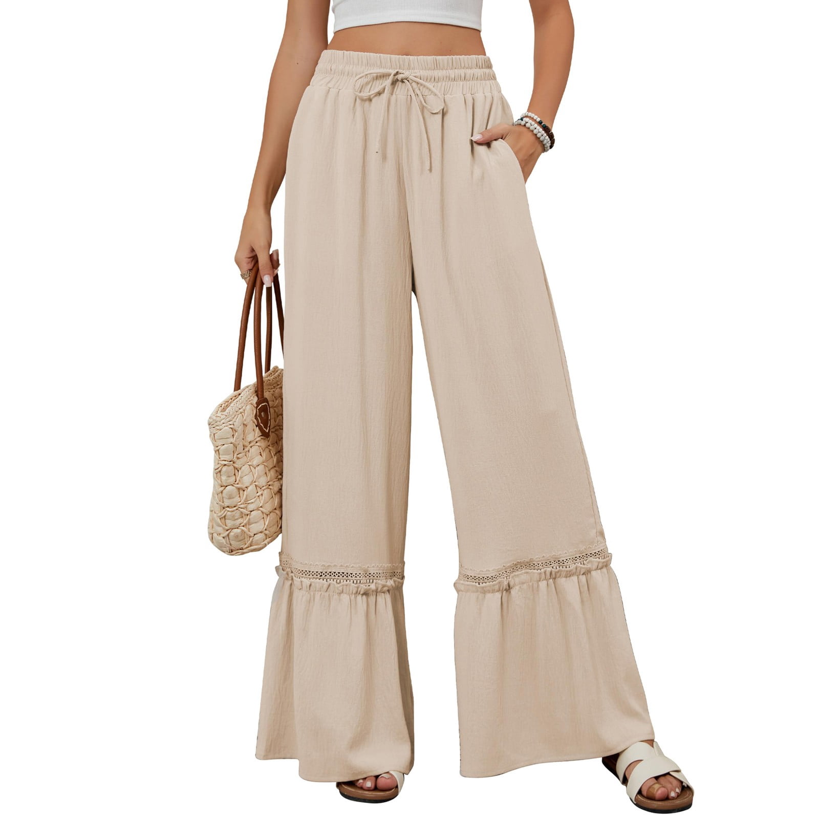 Navy Blue Summer Lace Up Wide Leg Pants Chic and Comfortable