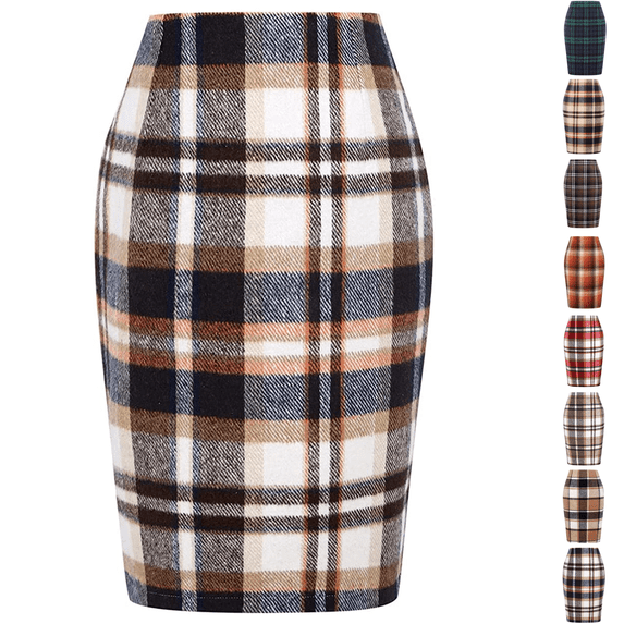 Cyglowse Womens Knee Length Elastic Waist Stretchy Bodycon Plaid Business Pencil Skirt
