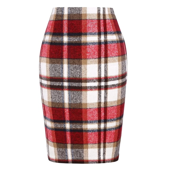 Cyglowse Womens Knee Length Elastic Waist Stretchy Bodycon Plaid Business Pencil Skirt Wine S