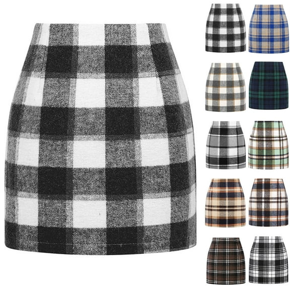 Cyglowse Womens Plaid Mini Skirt Fall Winter High Elastic Waist Short Pencil Skirt Black M