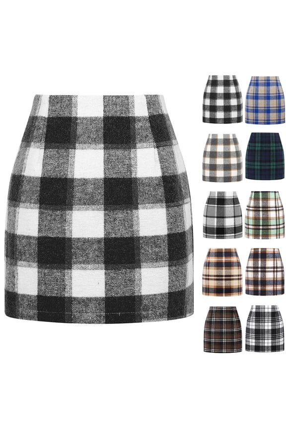 Cyglowse Womens Plaid Mini Skirt Fall Winter High Elastic Waist Short Pencil Skirt Blue M