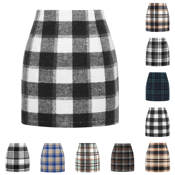 Cyglowse Womens Plaid Mini Skirt Fall Winter High Elastic Waist Short Pencil Skirt White L