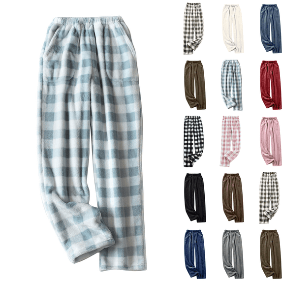 Cyglowse Womens Plush Plaid Pajama Pants Cute Flannel Checkered Lounge Pants with Pockets Fall Winter Warm Pj Bottoms Light Blue Plaid M