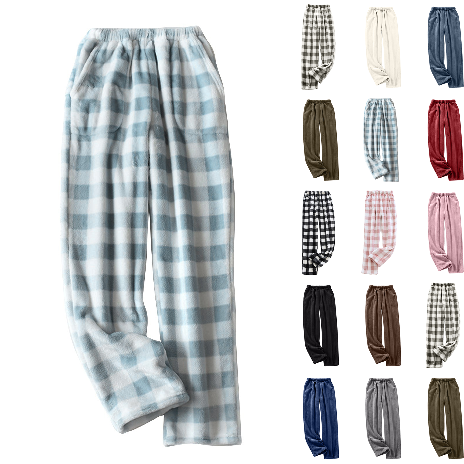 Cyglowse Womens Plush Plaid Pajama Pants Cute Flannel Checkered Lounge Pants with Pockets Fall Winter Warm Pj Bottoms Light Blue Plaid M