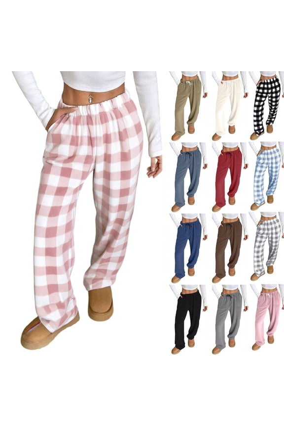 Womens Plush Plaid Pajama Pants Cute Flannel Checkered Lounge Pants with Pockets Fall Winter Warm Pj Bottoms Light Blue Plaid S