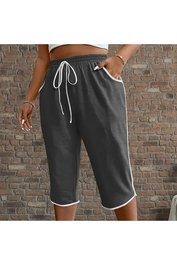 Plus Size Capris Sweats Womens Petite Wide Leg Pedal Pushers Pull on Athletic Yoga Crop Pants Lady Stretch Skimmer w/Pocket Dark Gray 2XL