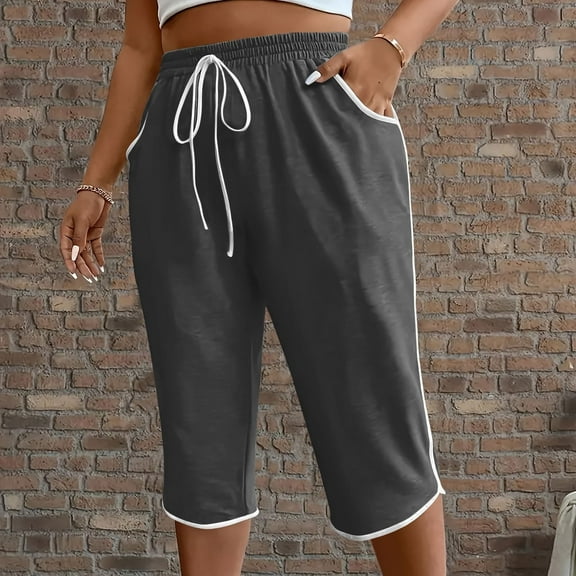 Cyglowse Plus Size Capris Sweats Womens Petite Wide Leg Pedal Pushers Pull on Athletic Yoga Crop Pants Lady Stretch Skimmer w/Pocket Dark Gray 2XL