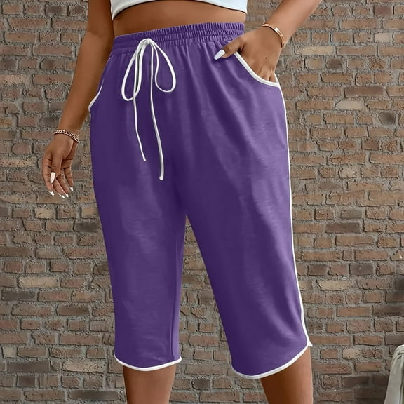 Cyglowse Plus Size Capris Sweats Womens Petite Wide Leg Pedal Pushers Pull on Athletic Yoga Crop Pants Lady Stretch Skimmer w/Pocket Purple XL