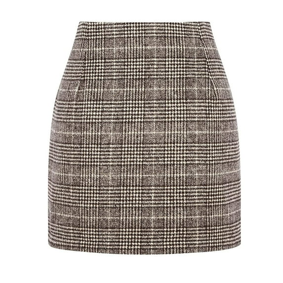 Cyglowse Womens Wool Plaid Mini Skirt Fall Winter High Waisted Bodycon Pencil Skirt Coffee M