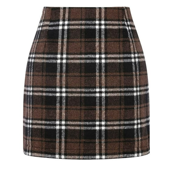 Cyglowse Womens Wool Plaid Mini Skirt Fall Winter High Waisted Bodycon Pencil Skirt Light Brown S