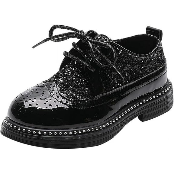 Cyiecw Boys Girls Lace-up Oxfords Brogue Wingtip Shiny Sequin School Uniform Dress Shoes for Wedding Birthday Performance