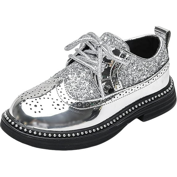 Cyiecw Boys Girls Lace-up Oxfords Brogue Wingtip Shiny Sequin School Uniform Dress Shoes for Wedding Birthday Performance