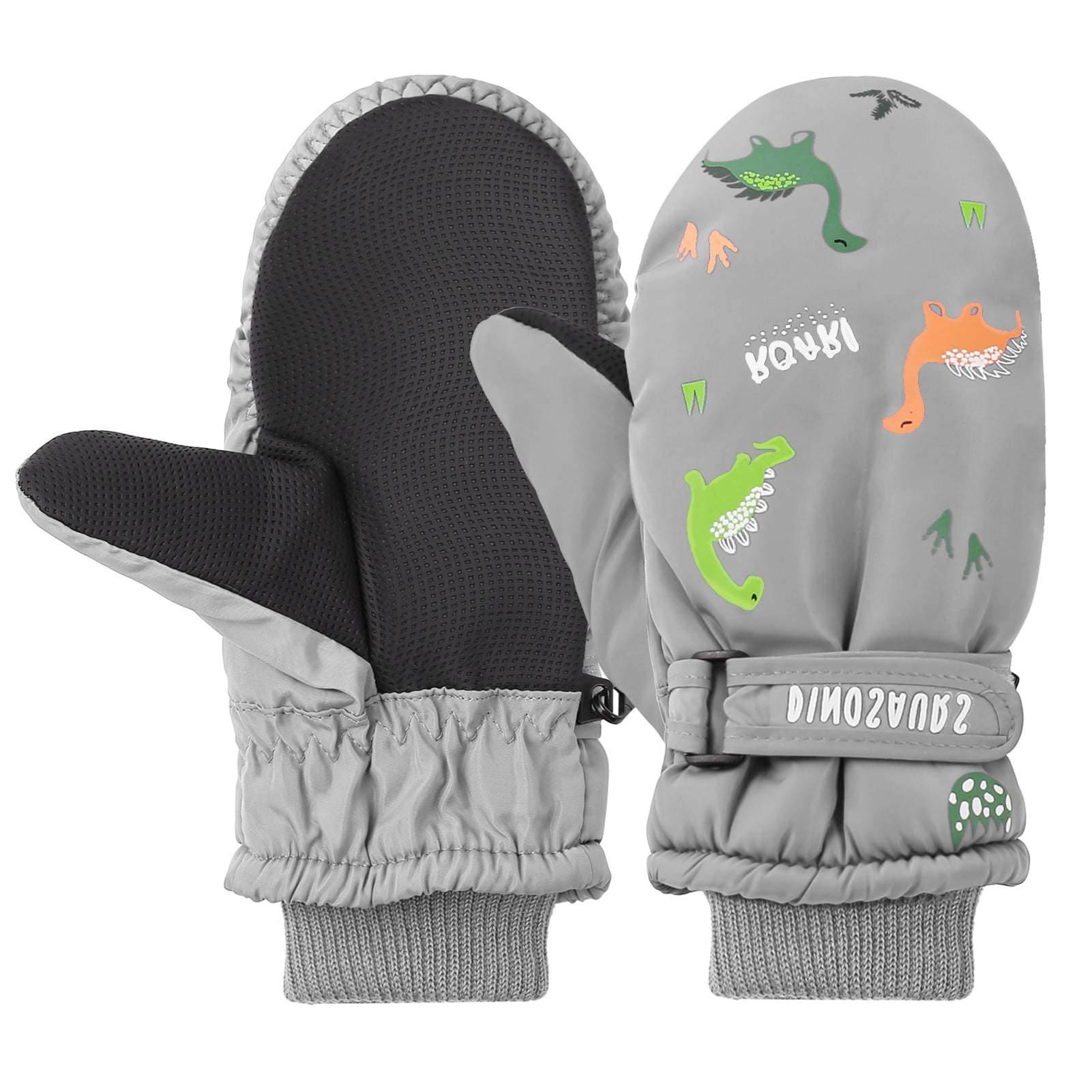 Cyiecw Winter Kids Ski Gloves Warm Waterproof Mittens Unisex for Age 210 Grey Dinosaur