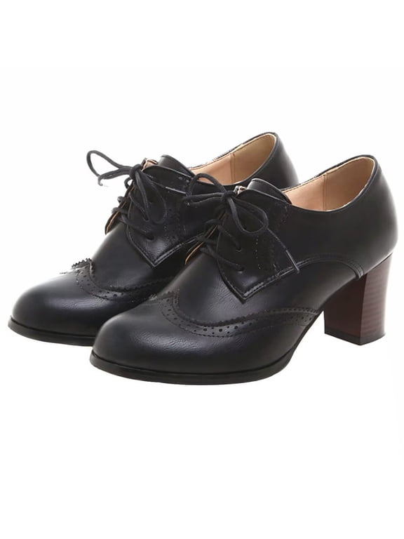 Women's Chunky High Heels Wingtip Oxfords Round Toe Lace Up Stacked Block Heel Vintage Brogues Pumps Shoes