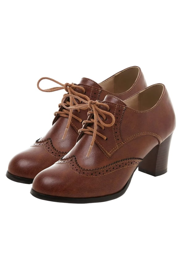 Women's Chunky High Heels Wingtip Oxfords Round Toe Lace Up Stacked Block Heel Vintage Brogues Pumps Shoes