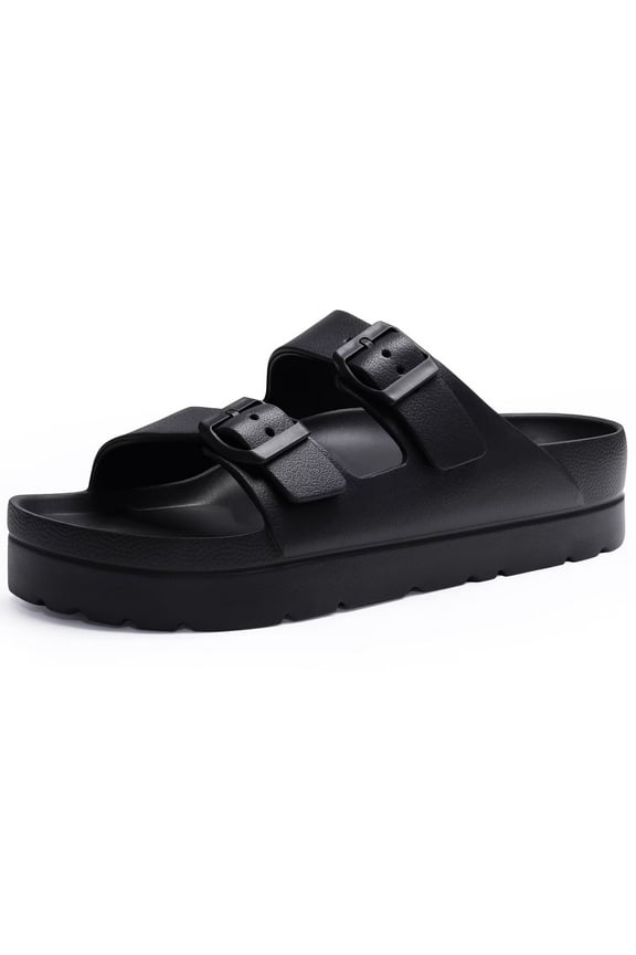 Women's Platform Sandals with Arch Support, Chunky Lightweight Foam Slip on Slides, Comfortable Summer Beach Sandals with Adjustable Buckle