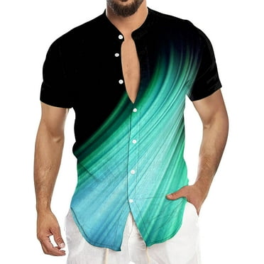 Cyinyin 2024 Basic Polo Shirts for Men Polo Short Sleeved Mens Casual Shirts , Gradient Color Cardigan Turn Down Beach Men Polo Shirt Polyester Stripe Polo Shirt Green
