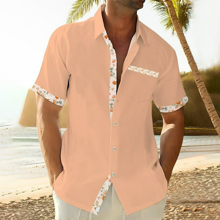 Cyinyin 2024 New Mens Polo Shirt Polo Short Sleeved Men s Polo Shirts Hawaii Print Cardigan Loose Work Shirts for Men Polyester Turn Down Polo Shirt with Pockets Beige L Walmart