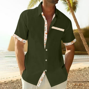 Cyinyin 2024 New Mens Polo Shirt Polo Short Sleeved Men's Polo Shirts, Hawaii Print Cardigan Loose Work Shirts for Men Polyester Turn Down Polo Shirt with Pockets Green L